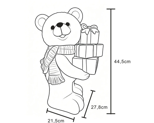 Technický nákres vánočního medvídka se šálou a dárky, rozměry: výška 44,5 centimetrů, šířka 21,5 centimetrů, hloubka 27,8 centimetrů