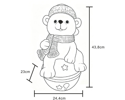 Figurka medvěda s čepicí a šálou na kouli s hvězdami: výška 43,8 centimetrů, šířka 24,4 centimetrů, hloubka 23 centimetrů.