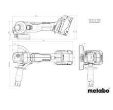 Metabo Logo. Technický výkres s rozměry pro úhlovou brusku Metabo, boční pohled, pohled shora a přední pohled.