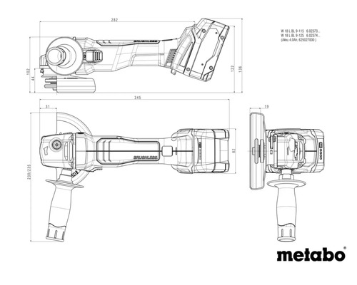 Metabo Logo. Technický výkres s rozměry pro úhlovou brusku Metabo, boční pohled, pohled shora a přední pohled.