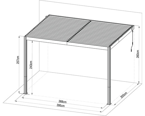 Technický výkres nástěnné pergoly: šířka 395 centimetrů, hloubka 300 centimetrů, výška 260 centimetrů. Lamelová střecha s klikou.