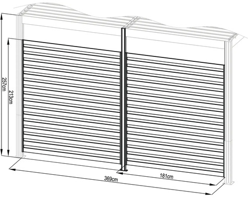 Technický výkres lamelové boční stěny pro altány s rozměry: šířka 369 centimetrů, výška 257 centimetrů.