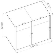 Technický nákres boxu na popelnice s rozměry 146 centimetrů šířka, 121 centimetrů výška a 82 centimetrů hloubka.