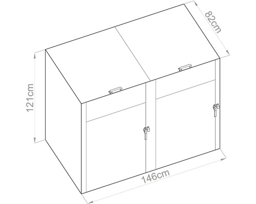 Technický nákres boxu na popelnice s rozměry 146 centimetrů šířka, 121 centimetrů výška a 82 centimetrů hloubka.