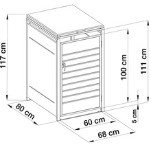 Technický nákres boxu na popelnice s výškou 117 centimetrů, šířkou 68 centimetrů a hloubkou 80 centimetrů.