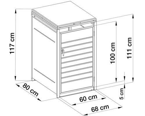 Technický nákres boxu na popelnice s výškou 117 centimetrů, šířkou 68 centimetrů a hloubkou 80 centimetrů.