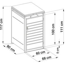 Technický nákres boxu na popelnice: šířka 68 centimetrů, hloubka 80 centimetrů, výška 117 centimetrů. Výška otvoru 100 centimetrů.
