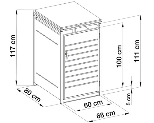 Technický nákres boxu na popelnice: šířka 68 centimetrů, hloubka 80 centimetrů, výška 117 centimetrů. Výška otvoru 100 centimetrů.