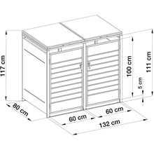 Technický nákres boxu na dvě popelnice s rozměry: šířka 132 centimetrů, hloubka 80 centimetrů, výška 117 centimetrů.