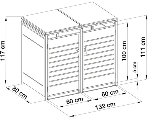 Technický nákres boxu na dvě popelnice s rozměry: šířka 132 centimetrů, hloubka 80 centimetrů, výška 117 centimetrů.