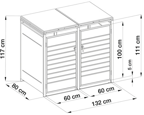 Technický výkres boxu na dvě popelnice o rozměrech 132 centimetrů šířky, 80 centimetrů hloubky a 117 centimetrů výšky.
