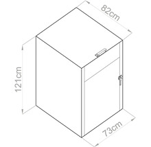 Rozměrový výkres skříně o výšce 121 centimetrů, hloubce 82 centimetrů a šířce 73 centimetrů.