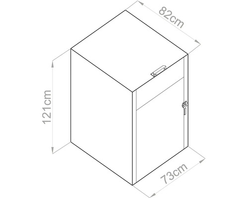 Rozměrový výkres skříně o výšce 121 centimetrů, hloubce 82 centimetrů a šířce 73 centimetrů.