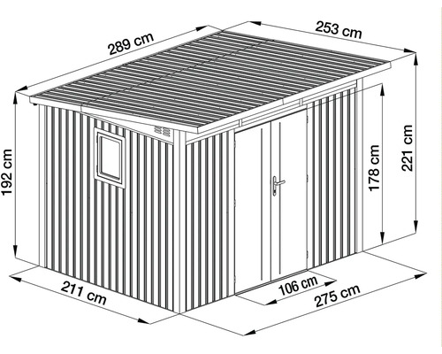 Technický výkres kovového zahradního domku s pultovou střechou, dveřmi a oknem, včetně rozměrů jako šířka 289 centimetrů.