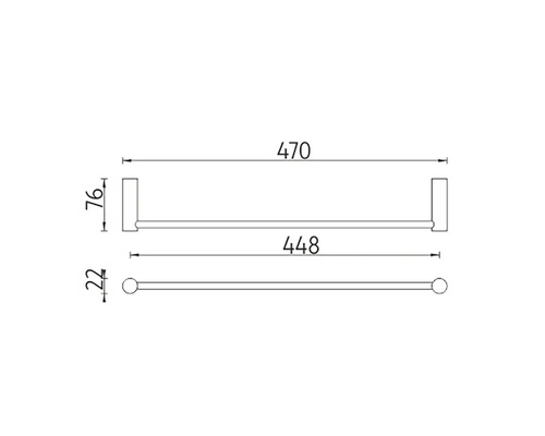 Rozměrový výkres ručníkové tyče s šířkou 470 milimetrů, hloubkou 76 milimetrů a průměrem 22 milimetrů.