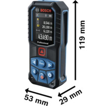 Bosch Logo na dálkoměru Bosch Professional. Rozměry: výška 119 milimetrů, šířka 53 milimetrů, hloubka 29 milimetrů.