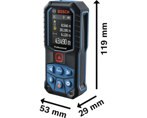 Bosch Logo na dálkoměru Bosch Professional. Rozměry: výška 119 milimetrů, šířka 53 milimetrů, hloubka 29 milimetrů.