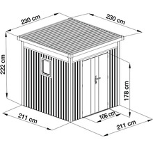 Technický nákres zahradního domku s rozměry: výška 222 centimetrů, střecha 230 na 230 centimetrů a základna 211 na 211 centimetrů.
