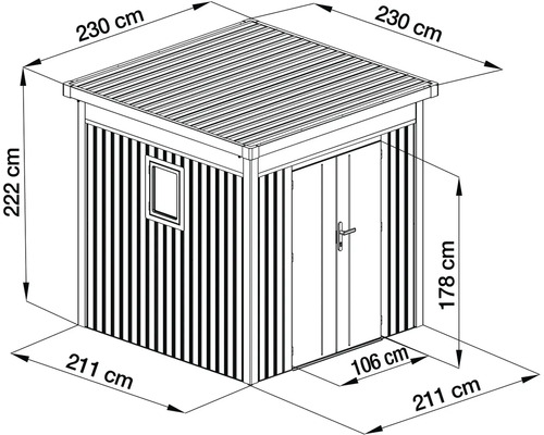 Technický nákres zahradního domku s rozměry: výška 222 centimetrů, střecha 230 na 230 centimetrů a základna 211 na 211 centimetrů.