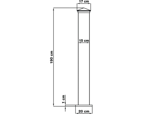Technický výkres sloupku: výška 190 centimetrů, šířka 15 centimetrů, krytka 17 centimetrů, základna 20 centimetrů, tloušťka 1 centimetr.
