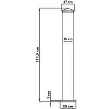 Technický výkres plotového sloupku: celková výška 171,5 centimetru, šířka 15 centimetrů, krytka 17 centimetrů a základna 20 centimetrů.
