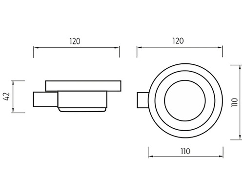 Technický výkres kulatého svítidla s rozměry 120 milimetrů šířka, 42 milimetrů výška a 110 milimetrů průměr.