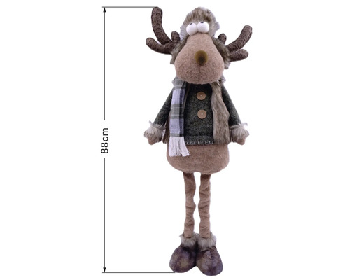 Vánoční dekorativní figurka losa s čepicí, šálou a bundou, výška 88 centimetrů.
