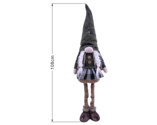 Dekorativní vánoční skřítek s copy, sukní a špičatou čepicí, výška 108 centimetrů.