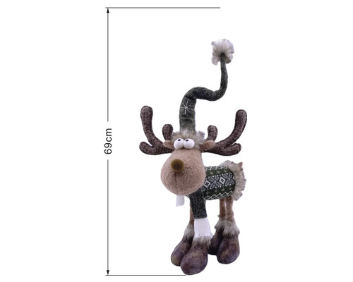 Vánoční dekorace figurka soba s pleteným svetrem, šálou a vysokou čepicí, výška 69 centimetrů.