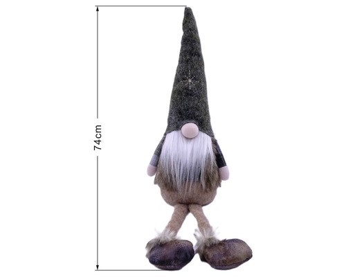 Dekorační skřítek sedící s dlouhou špičatou čepicí a bílým vousem, výška 74 centimetrů.