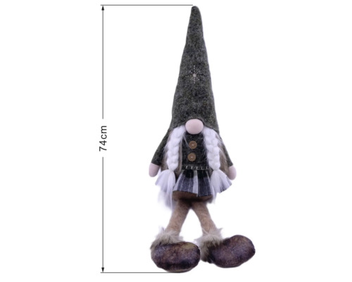 Vánoční skřítek holčička s copy, sukní a špičatou čepicí, výška 74 centimetrů.