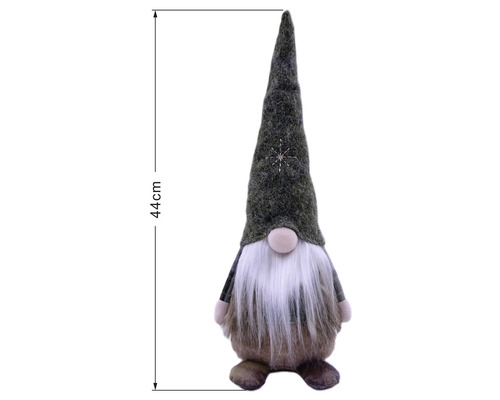 Vánoční skřítek se špičatou čepicí a bílými vousy, výška 44 centimetrů.