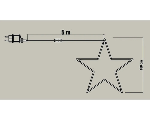 Nákres světelné dekorace ve tvaru hvězdy s rozměry: přívodní kabel 5 metrů a výška 100 centimetrů.