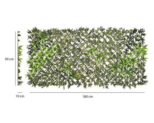 Umělá rostlinná stěna na dřevěné mříži s různými zelenými listy, 90 na 180 na 10 centimetrů.