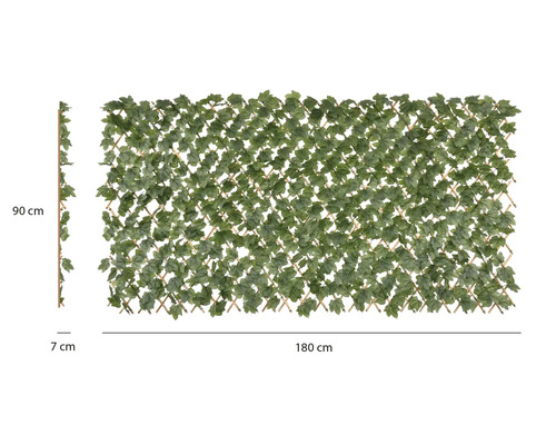 Teleskopická zástěna s umělým břečťanem na dřevěné mříži, výška 90 centimetrů, šířka 180 centimetrů a hloubka 7 centimetrů.
