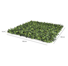 Umělý živý plot se zelenými listy, 100 centimetrů krát 100 centimetrů, výška 6 centimetrů.