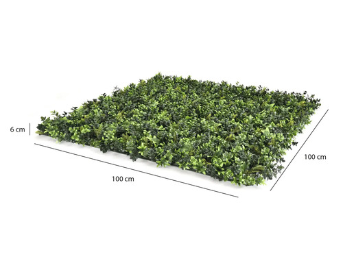 Umělý živý plot se zelenými listy, 100 centimetrů krát 100 centimetrů, výška 6 centimetrů.