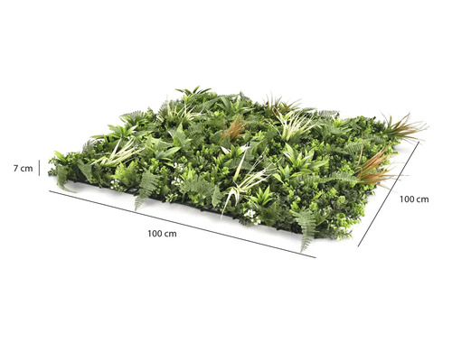 Panel s umělými rostlinami s kapradinami a trávami, rozměry 100 krát 100 centimetrů, výška 7 centimetrů.