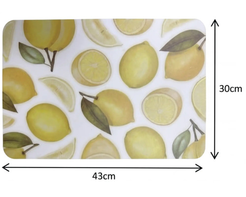 Obdélníkové prostírání se vzorem citronů, šířka 43 centimetrů a výška 30 centimetrů.