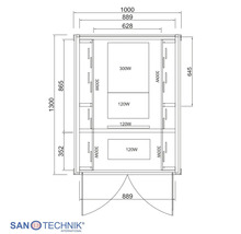 Technický výkres infrasauny s rozměry a výkony zářičů ve wattech, Sanotechnik International Logo.