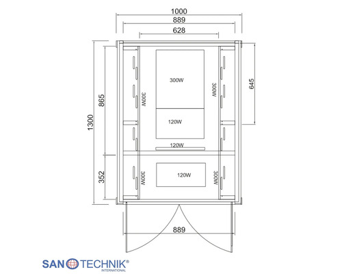 Technický výkres infrasauny s rozměry a výkony zářičů ve wattech, Sanotechnik International Logo.