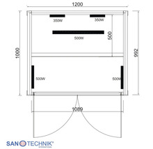 Technický výkres infrasauny Sanotechnik s rozměry a topnými tělesy o výkonu 350 Watt a 500 Watt. Sanotechnik International Logo.