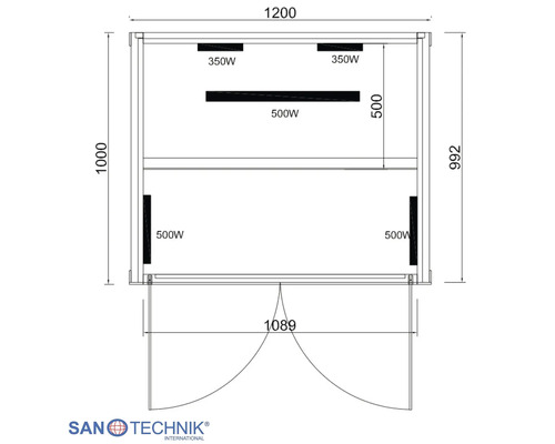 Technický výkres infrasauny Sanotechnik s rozměry a topnými tělesy o výkonu 350 Watt a 500 Watt. Sanotechnik International Logo.