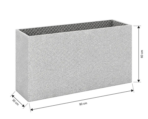 Obdélníkový truhlík s granitovým vzhledem o rozměrech 90 krát 30 krát 60 centimetrů.