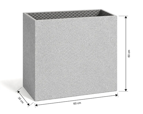 Obdélníkový truhlík v granitovém vzhledu s rozměry 60 krát 60 krát 30 centimetrů.