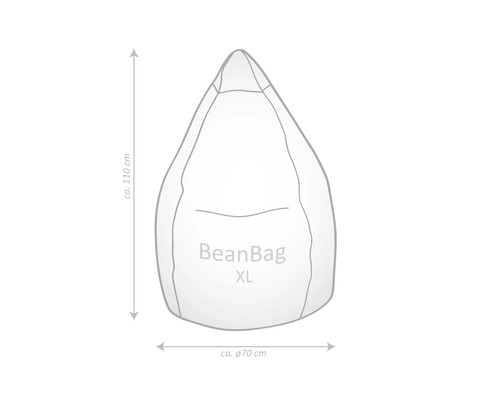 Nákres sedacího vaku BeanBag XL s rozměry: výška přibližně 110 cm a průměr přibližně 70 cm.