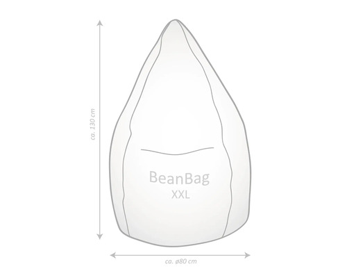 Nákres sedacího vaku BeanBag XXL s rozměry: výška přibližně 130 centimetrů, průměr přibližně 80 centimetrů.