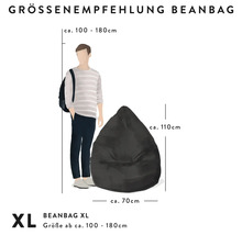 Doporučení velikosti sedacího vaku XL. Rozměry přibližně 70 centimetrů šířka a 110 centimetrů výška pro tělesnou výšku 100 až 180 centimetrů.