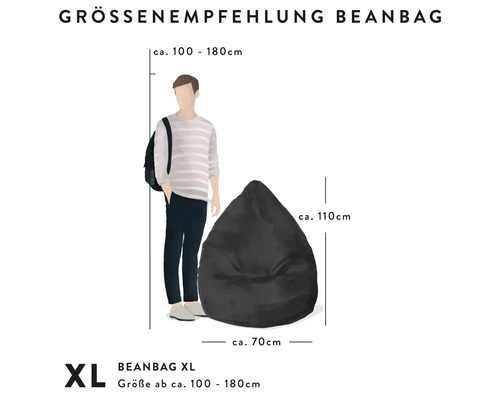 Doporučení velikosti sedacího vaku XL. Rozměry přibližně 70 centimetrů šířka a 110 centimetrů výška pro tělesnou výšku 100 až 180 centimetrů.
