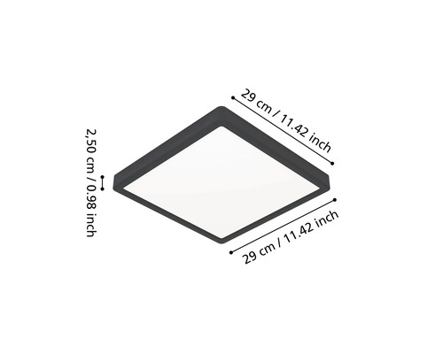Čtvercové stropní LED svítidlo s rozměry: 29 centimetrů krát 29 centimetrů a výškou 2,50 centimetru.